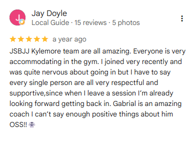 Jay Doyle five-star Google review for JSBJJ Kylemore