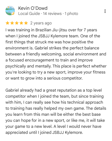 Kevin O'Dowd five-star Google review for JSBJJ Kylemore